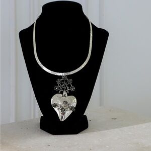 Silver Heart Pendant Necklace with Floral Accent - Women Jewelry